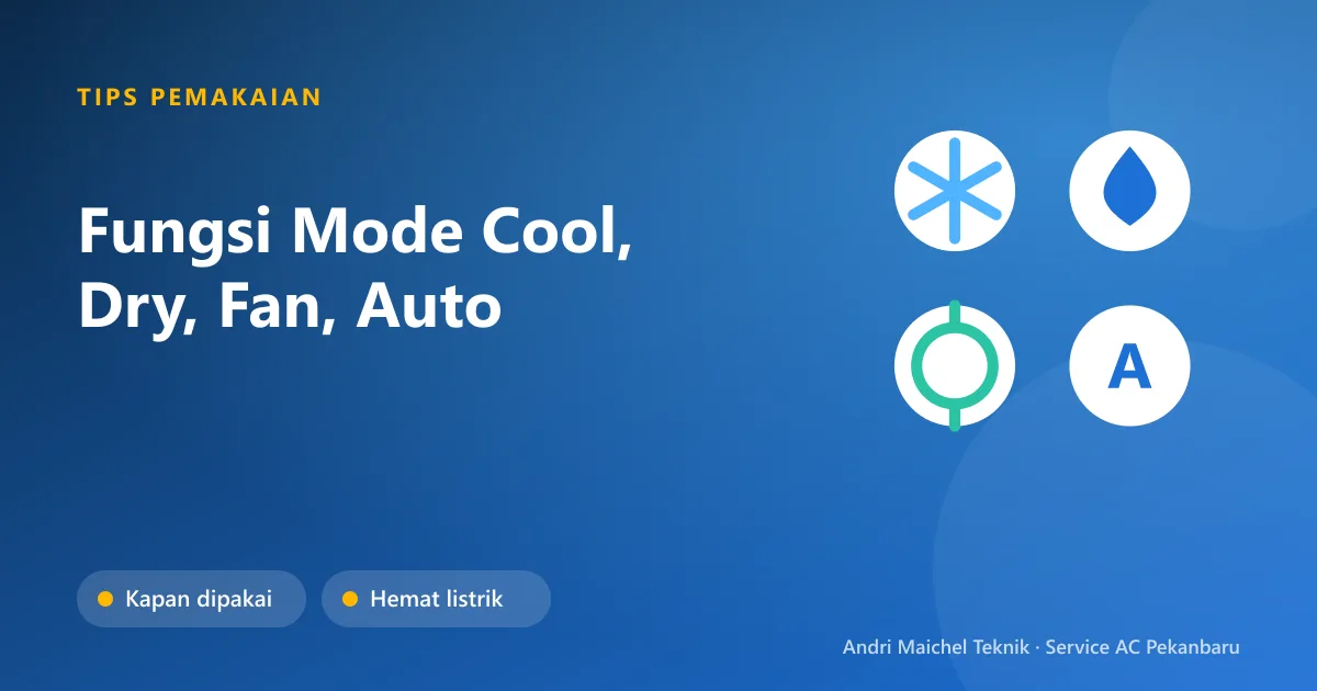 Ikon mode AC: cool kristal es, dry tetes air, fan kipas, dan auto